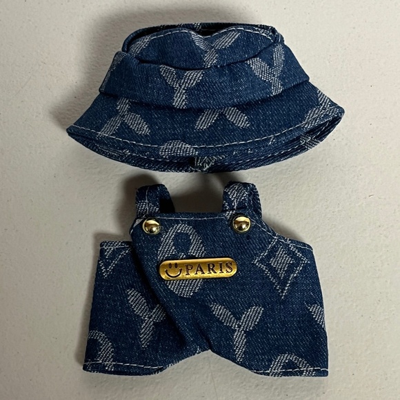 Designer Overalls Bucket Hat 2 Piece Outfit For Labubu Denim Blue - Picture 1 of 5